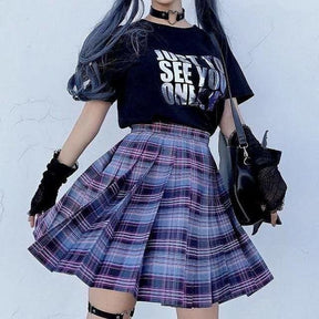 Pleated electric plaid skirt in purple blue and white perfect for school girl style with multiple color options