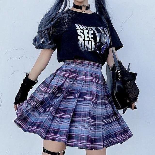 Pleated electric plaid skirt in purple blue and white perfect for school girl style with multiple color options