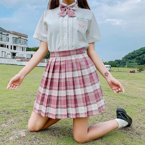 Pink and white plaid skirt with pleats showing color options perfect for a cute school girl look