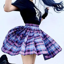 A flared lightweight plaid skirt in vibrant purple and blue perfect for school girl looks with multiple color options