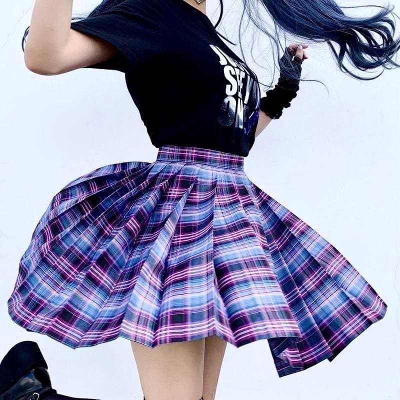 A flared lightweight plaid skirt in vibrant purple and blue perfect for school girl looks with multiple color options