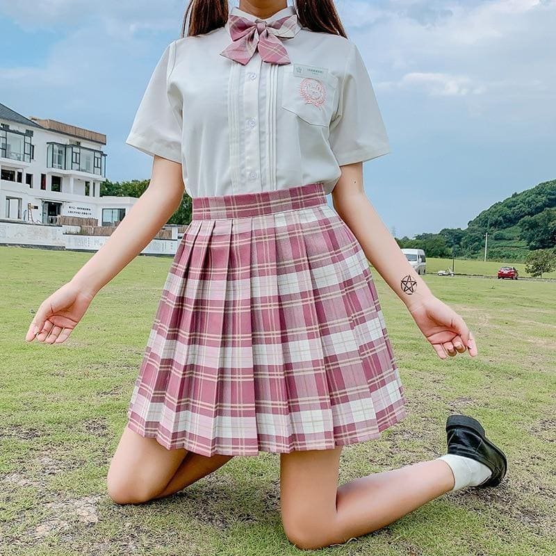 Pink and white plaid skirt with pleats showing one of 17 color options perfect for a school girl look