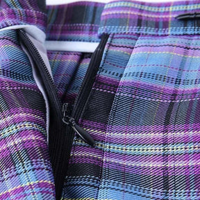 Electric plaid skirt in purple and blue plaid fabric with a black zipper is perfect for school girl style with color options