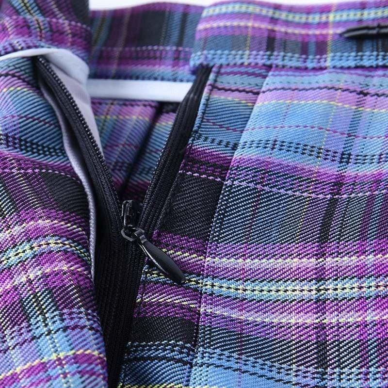 Electric plaid skirt in purple and blue plaid fabric with a black zipper is perfect for school girl style with color options