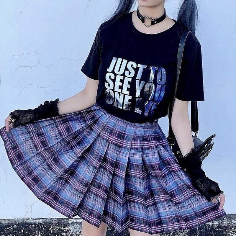 Electric plaid skirt in blue and purple classic tartan pleated design with multiple color options for a school girl look