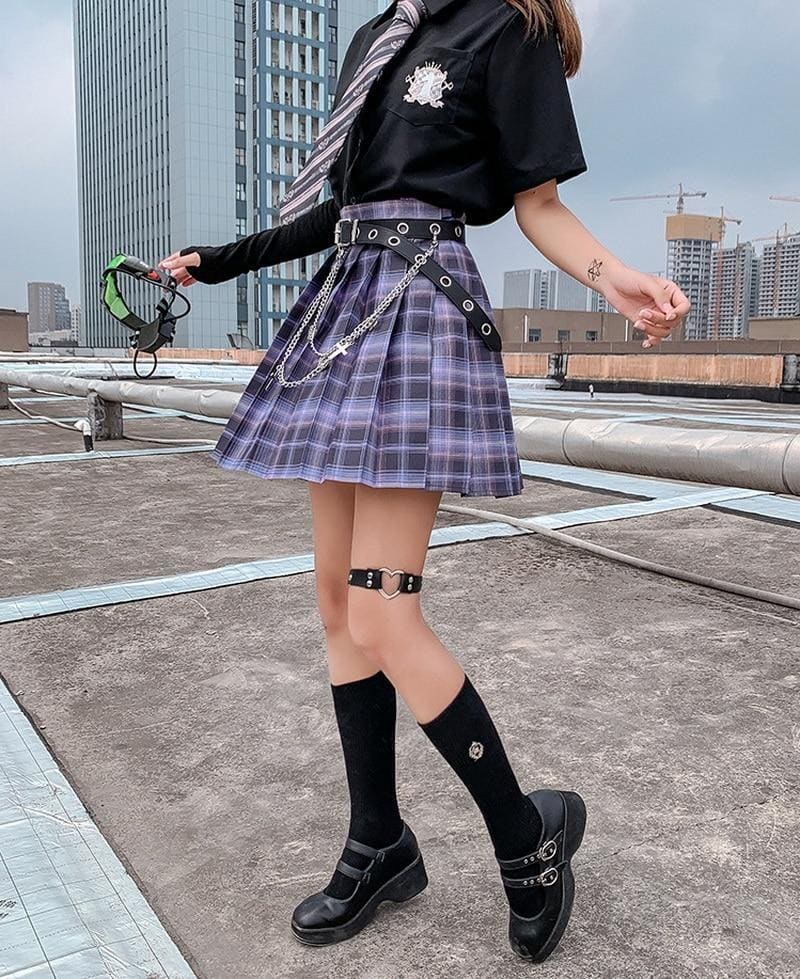 Purple plaid skirt with pleats black belt silver chain accents part of electric plaid skirt color options school girl style