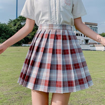 Red white and gray pleated plaid skirt with classic school girl style electric plaid skirt color options