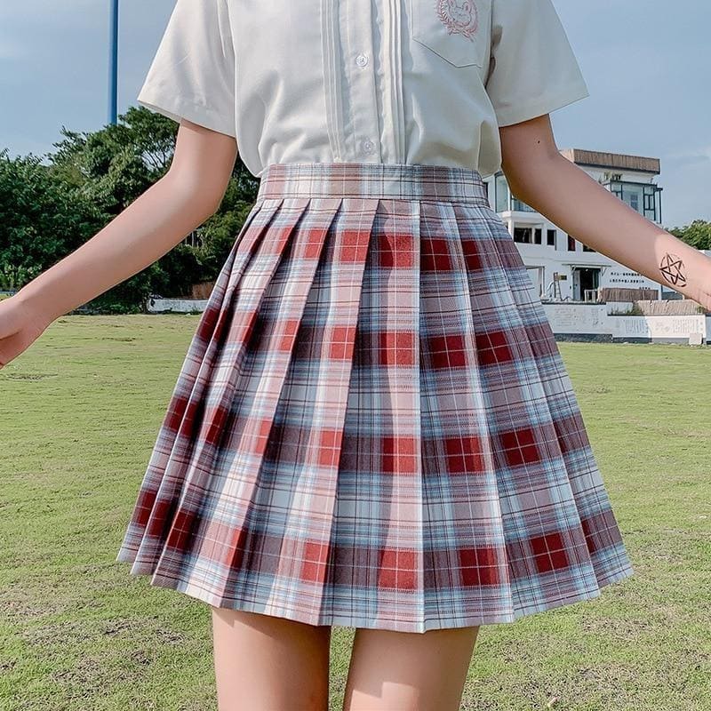 Red white and gray pleated plaid skirt with classic school girl style electric plaid skirt color options