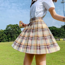 Pleated beige and brown plaid skirt with high waistband perfect for school girl looks and color options