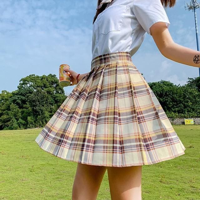 Pleated beige and brown plaid skirt with high waistband perfect for school girl looks and color options