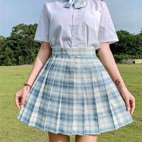 Pleated blue and white plaid skirt with a crisp school girl design and multiple color options for any style