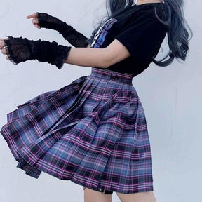 Electric plaid skirt in purple blue and black checkered pattern perfect for a school girl with 17 color options