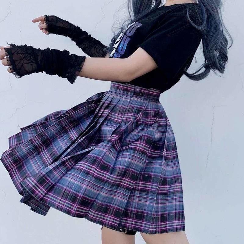 Electric plaid skirt in purple blue and black checkered pattern perfect for a school girl with 17 color options