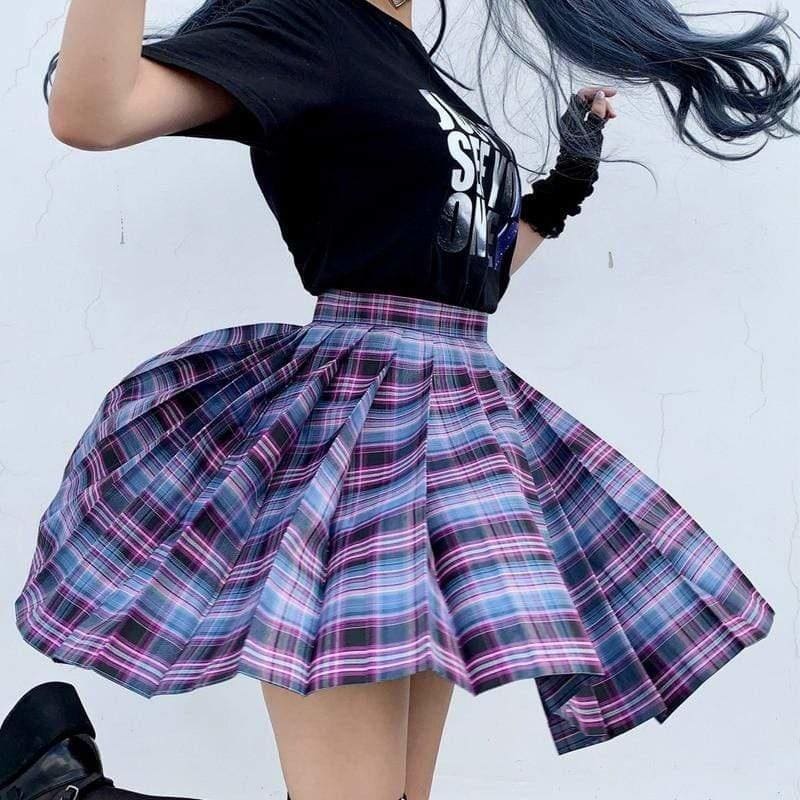A flared pleated plaid skirt in vibrant purple pink and blue perfect for a school girl with multiple color options