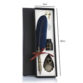 Gift-box measurement diagram for the blue feather quill set, showing the pen, bottle, stand and spare nibs.