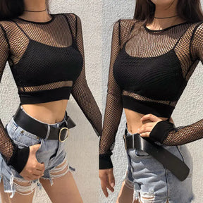 Two views of a black fishnet crop top layered over a separate black bralette, with denim shorts below the solid cropped hem.