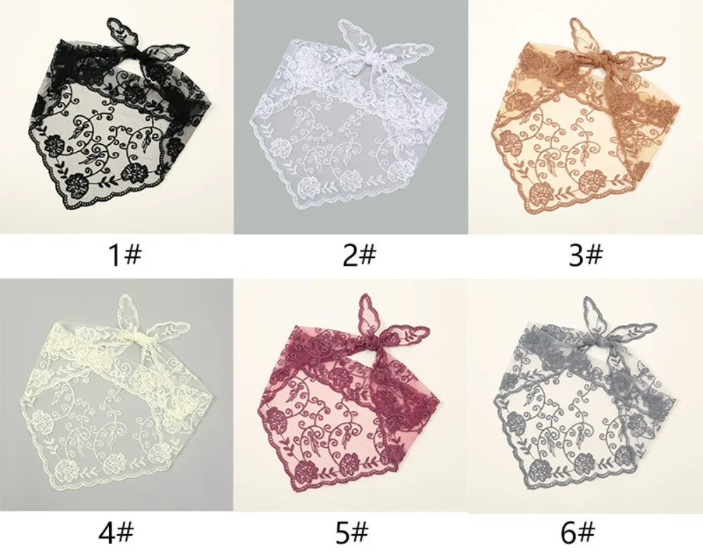 Six-panel comparison of tied floral lace bandanas in black, white, brown, beige, burgundy and grey. Numbered labels sit beneath the different colours on alternating pale and grey backgrounds.