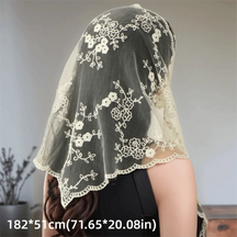 Beige lace hair scarf draped over dark hair, showing its floral pattern and scalloped border with dimensions below.