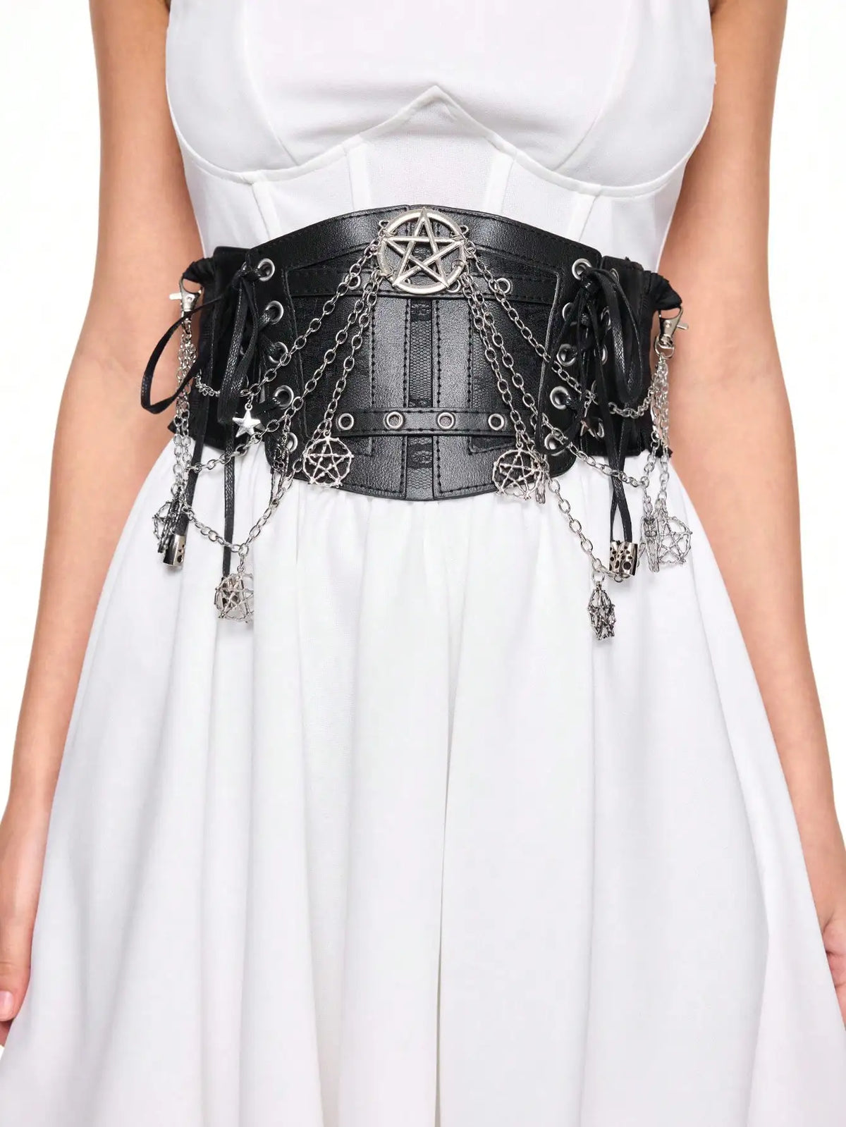 Front view of black pentagram waist belt worn over a dress