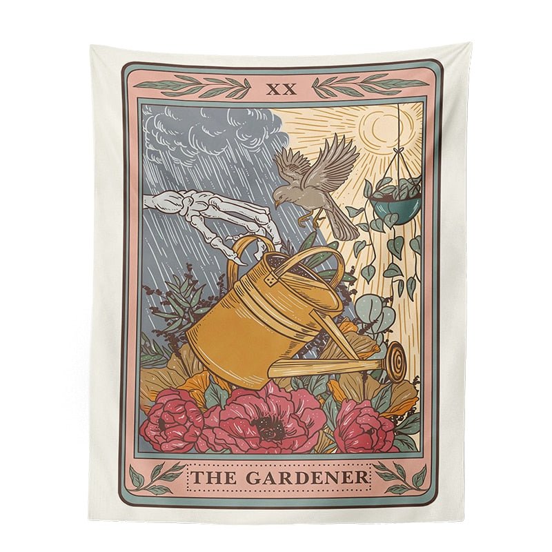 The Gardener tapestry with a yellow watering can, red flowers, birds and a clouded sky framed by a pink and green border.