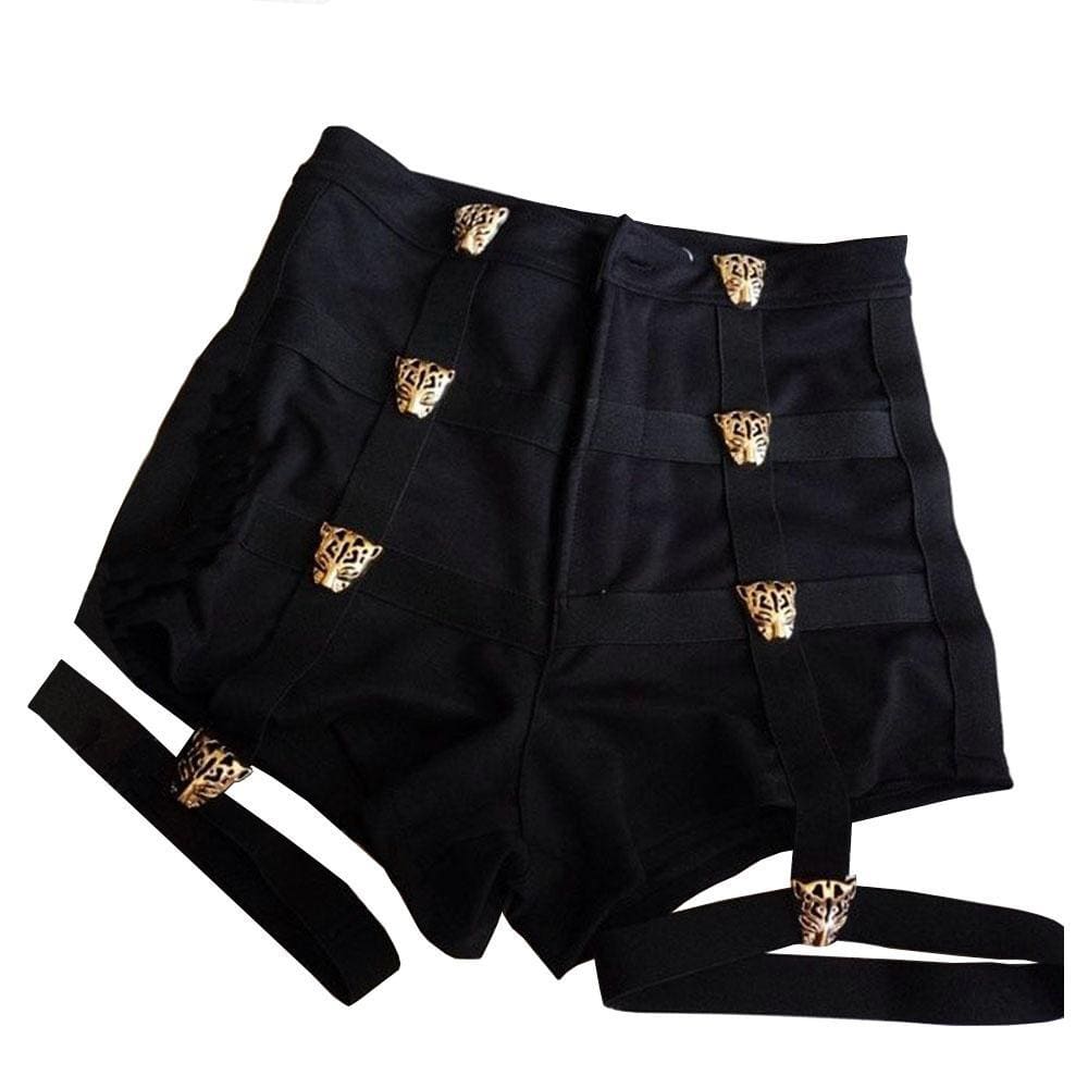 Black high-waisted garter shorts with gold-toned tiger head clasps and adjustable straps built for garter belts use