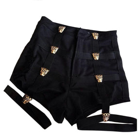 Black high-waisted garter shorts with gold-toned tiger head clasps and adjustable straps built for garter belts use