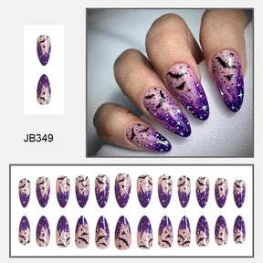 Purple glitter bat nails shown worn beside a layout of different nail sizes, with pointed tips and pink bases.
