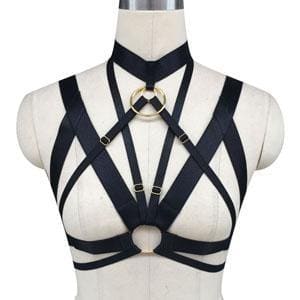 Front detail view of the gold-tone hardware option, with crossed black straps linking the upper and lower rings.