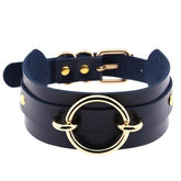 Dark blue gorgeous vegan leather choker necklace with gold-toned o-ring and studs perfect as a vegan leather o-ring collar