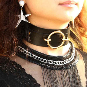 Black vegan leather o-ring choker necklace with gold toned ring and layered chain gorgeous vegan leather collar
