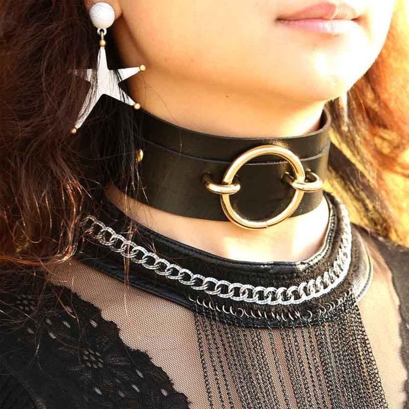 Black vegan leather o-ring choker necklace with gold toned ring and layered chain gorgeous vegan leather collar