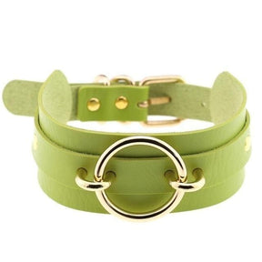 A double-layered lime green vegan leather o-ring choker necklace with a gold-toned circular ring and matching buckle