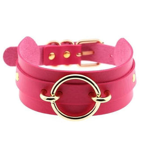 Bright pink double-layered vegan leather o-ring choker necklace with gold-toned hardware and a gorgeous centerpiece ring