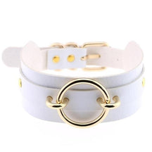 White vegan leather choker necklace with a gold-toned o-ring and buckle featuring gorgeous vegan leather design