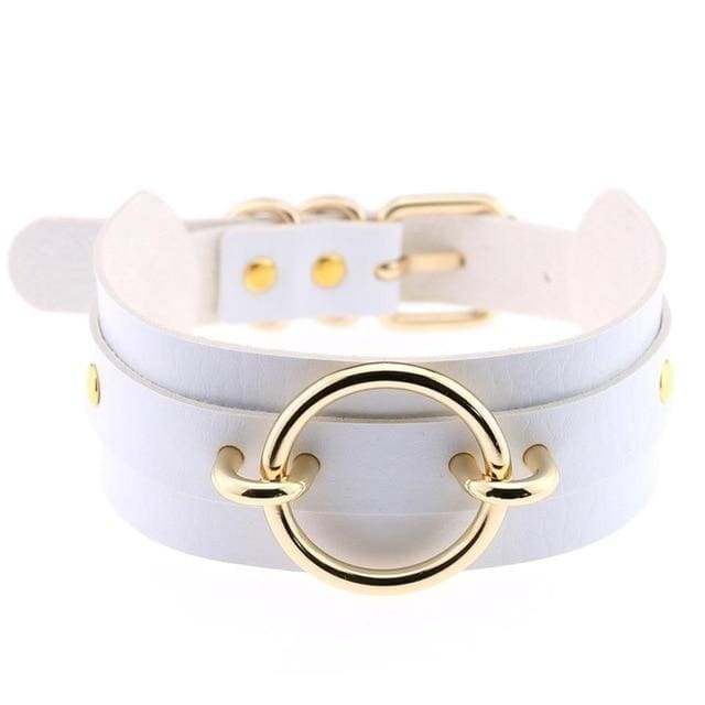 White vegan leather choker necklace with a gold-toned o-ring and buckle featuring gorgeous vegan leather design