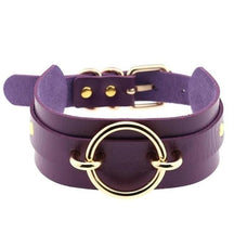 Purple choker necklace with gold-toned o-ring and buckle made from gorgeous vegan leather o-ring collar accessory