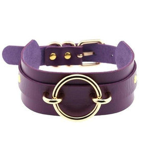 Purple choker necklace with gold-toned o-ring and buckle made from gorgeous vegan leather o-ring collar accessory