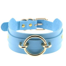 Light blue leather choker necklace with gold-toned vegan leather o-ring and buckle perfect for edgy style