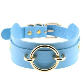Light blue leather choker necklace with gold-toned vegan leather o-ring and buckle perfect for edgy style