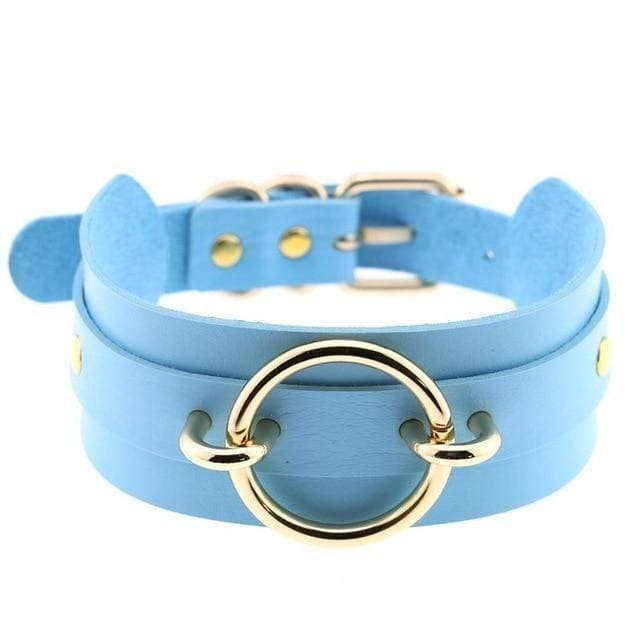 Light blue leather choker necklace with gold-toned vegan leather o-ring and buckle perfect for edgy style