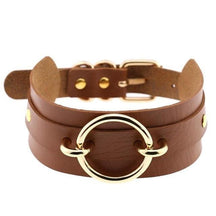 Brown vegan leather choker necklace with a gold-toned o-ring and matching hardware gorgeous vegan leather o-ring collar