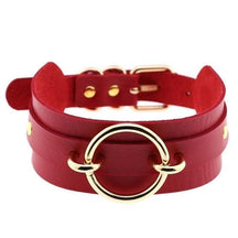 Red vegan leather choker necklace with a gold-toned o-ring and matching metal hardware gorgeous vegan leather o-ring collar