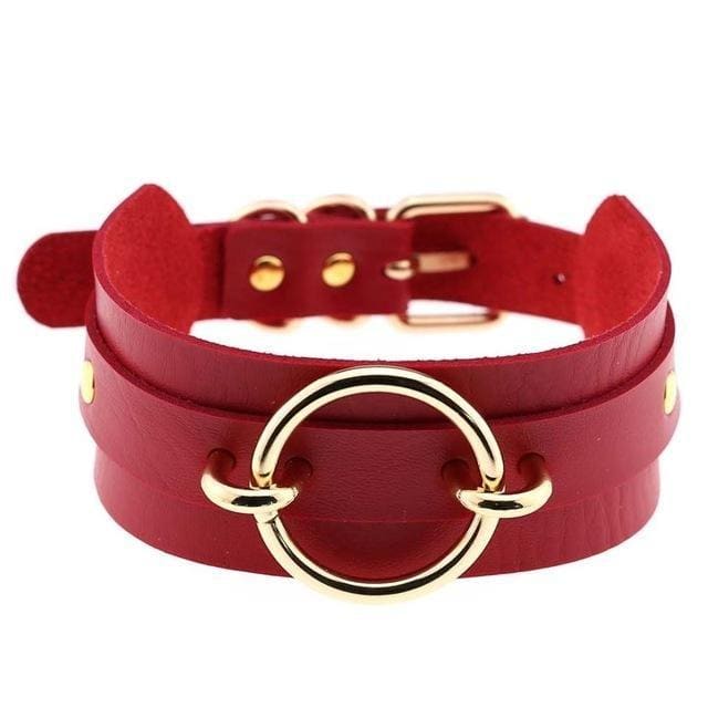 Red vegan leather choker necklace with a gold-toned o-ring and matching metal hardware gorgeous vegan leather o-ring collar