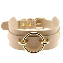 Beige vegan leather o-ring choker necklace with gold-toned circular ring and buckle double wrap design