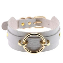 Light gray double-layered vegan leather o-ring choker necklace with a gold-toned circular ring centerpiece and matching hardware