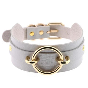 Light gray double-layered vegan leather o-ring choker necklace with a gold-toned circular ring centerpiece and matching hardware