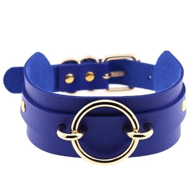 Vibrant royal blue double-layered vegan leather choker necklace with bold gold-toned vegan leather o-ring centerpiece