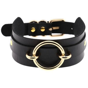Black vegan leather o-ring choker necklace with gold-toned circular ring and matching hardware gorgeous vegan leather