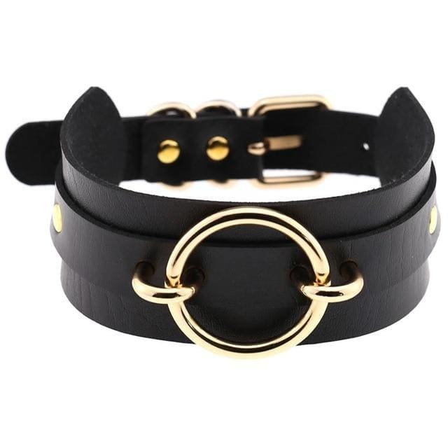 Black vegan leather o-ring choker necklace with gold-toned circular ring and matching hardware gorgeous vegan leather