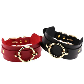 Red and black gorgeous vegan leather choker necklaces with gold-toned vegan leather o-ring collars